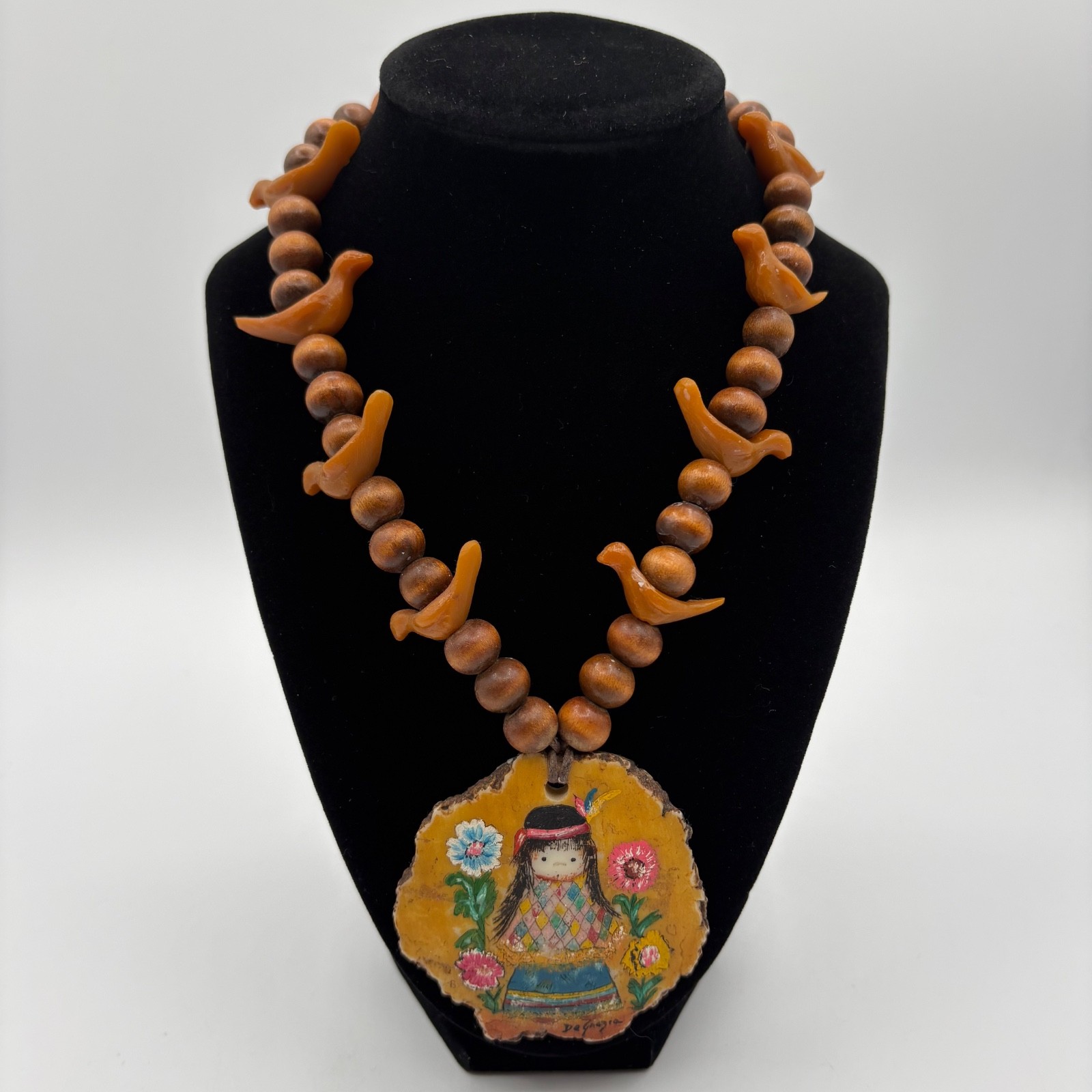 Vintage DeGrazia Hand Painted Pendant Necklace Native Girl with Flowers