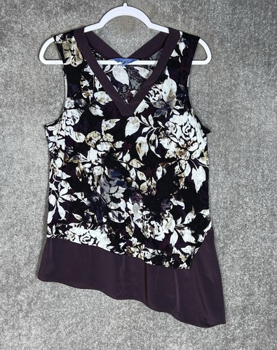Simply Vera Wang Tank Top Womens Sz Large Purple Dark Floral Asymmetrical V-Neck