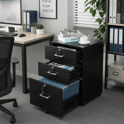 3 Drawer Mobile File Cabinet Wooden Filing Organizer Storage System Black Office