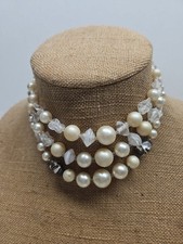 Vintage 3 Strand Faux Pearl  Art Glass Bead Choker Necklace 14 in Japan
