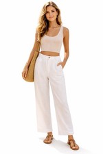 Lauren Ralph LRL Women 100 Linen Cuff Wide Leg Off White Pants Coastal Beach 12