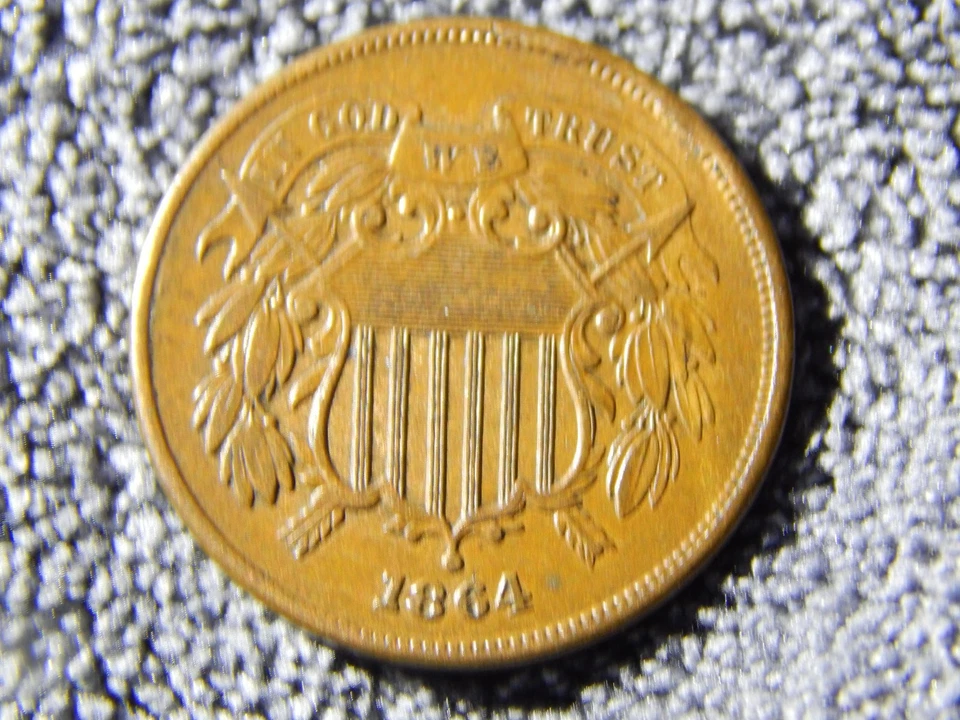 1864 Large  MOTTO Two 2 Cent Piece XF + RARE! - Image 3 of 4