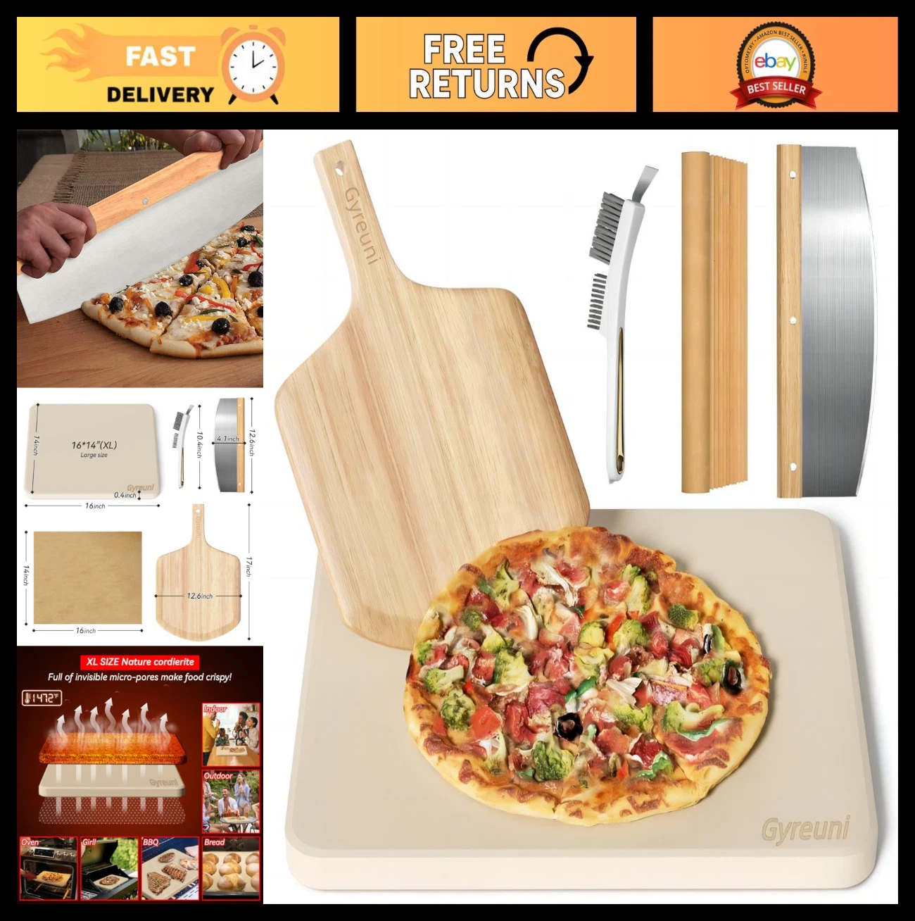 5 PCS Large 16" Rectangle Pizza Stone Set for Oven & Grill, Peel, Cutter, Brush