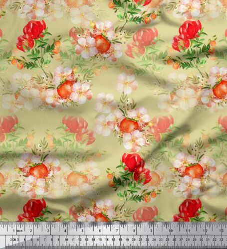 Soimoi Beige Cotton Poplin Fabric Tomato & Peony Floral Print Fabric-O4h - Afbeelding 1 van 4