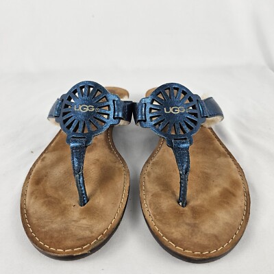 Ugg Australia Leather Shearling Lined Flip Flops Blue Thong Sandals Women's 