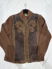 Womens XL Vintage Bob Mackie Wearable Art Jacket Brown Embroidered Suede Leather