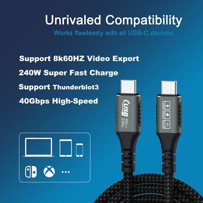 Thunderbolt 4 3 USB4.0 Type-C 3.2 USB-C M/M Cable 40Gbps 8K 240W Charger Adapter