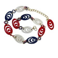 Vintage Red White Blue Plastic Lucite Swoop Oval Patriotic Chain Belt 31  - 36  