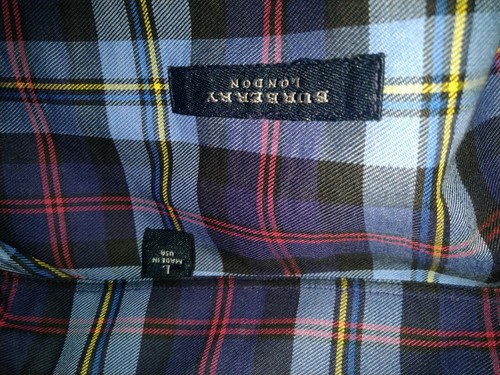 Blue Burberry London plaid button up shirt, red, black, yellow, size L, made in USA, with black label on collar.