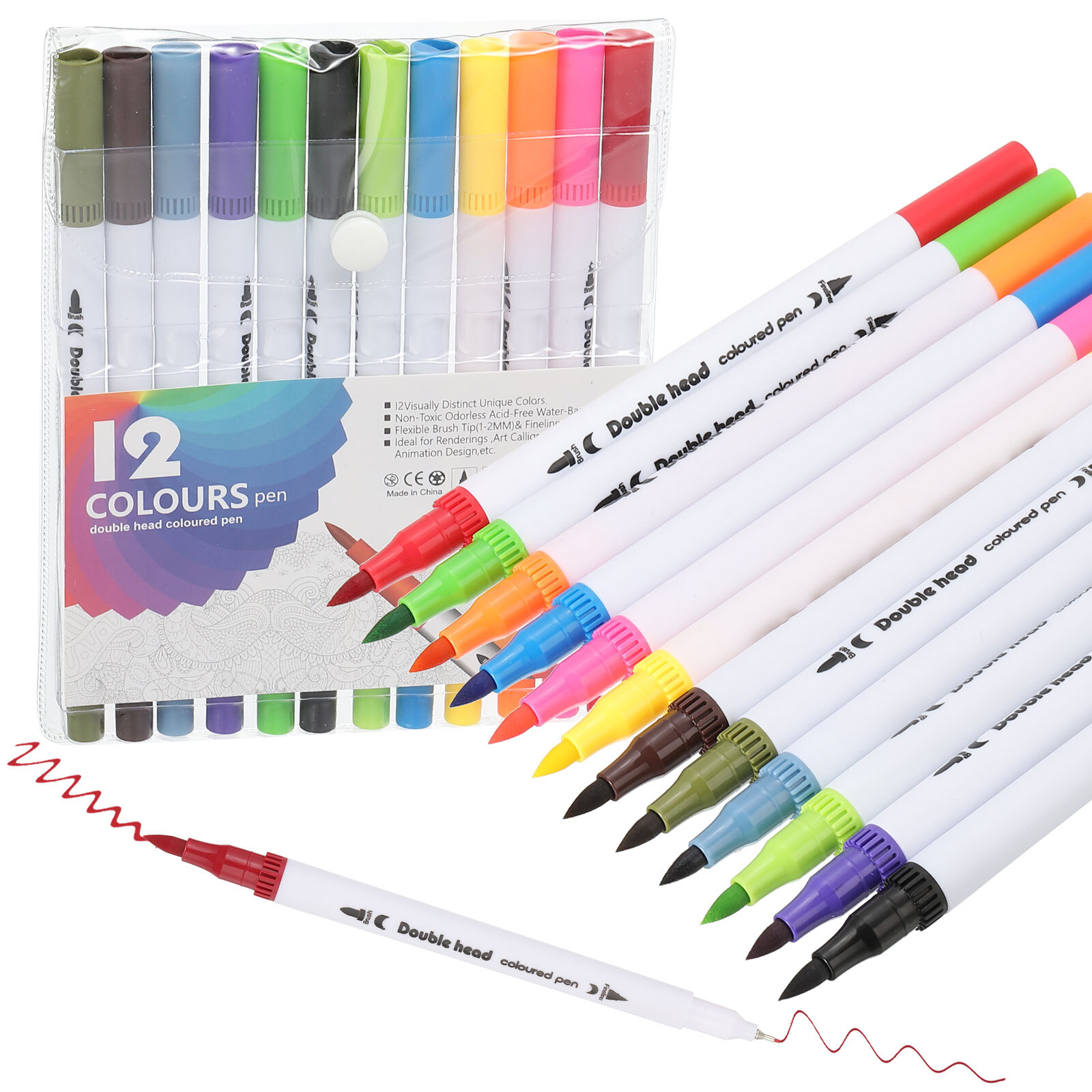12 Colors Dual Tip Colored Pens with Brush and Fineliner Tip, White Barrel