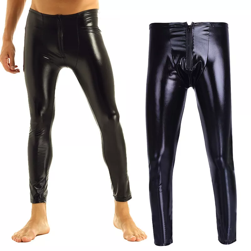 Men Patent Leather Zipper Bulge Pouch Tights Pants PVC Long Trouser  Underwear