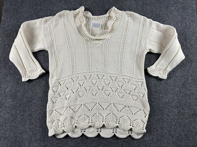 Nisha Women Cream Cotton Chunky Knit Scalloped Hem V-Neck Sweater One Size USA