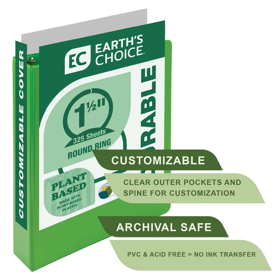 Organizador de 3 anéis fichário de armazenamento sustentável verde limão 1,5 polegadas feito nos EUA - Imagem 3 de 4