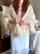 Vintage 1970s Cream Crochet Shawl with Fringe Retro Boho Cottagecore Wrap Autumn