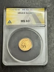 1914 D $2.50 Gold Indian Quarter Eagle Graded ANACS MS63 Stunning BU Coin (1581)