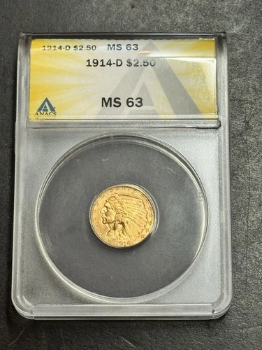 1914 D $2.50 Gold Indian Quarter Eagle Graded ANACS MS63 Stunning BU Coin (1581)