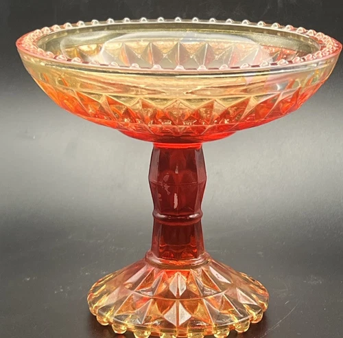 Jeanette Glass Amberina Candy Dish Compote Beaded Windsor Pedestal - 5.5”