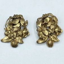 Antique Victorian Brass Flower Floral Scarf Dress Clip Set Pair Vintage