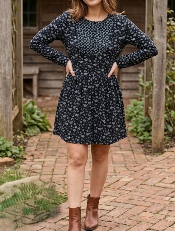 WHO.A.U 1849 Babydoll Dress Size M Black Floral Mini Long Sleeve Cottage Casual