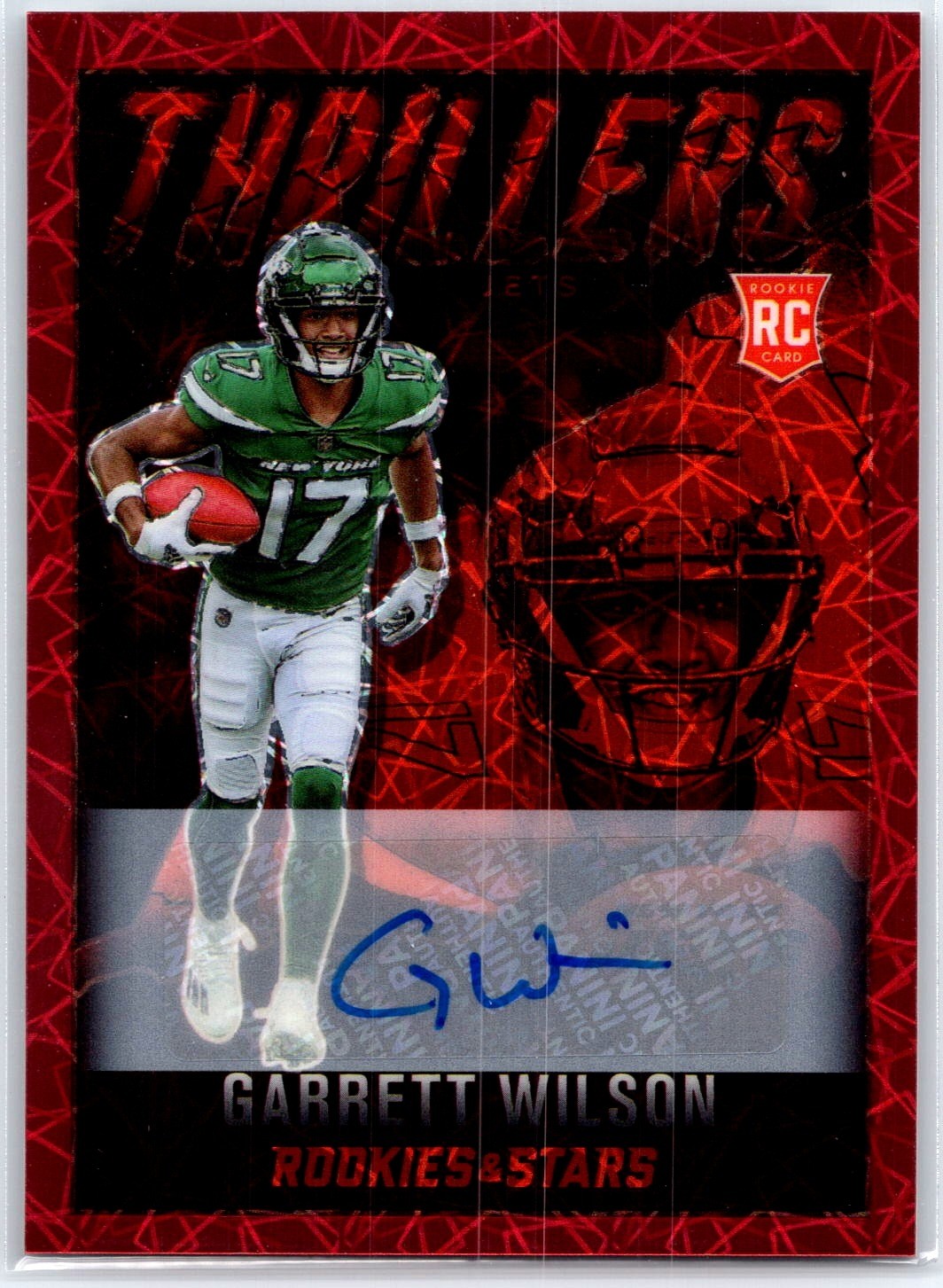 2022 Panini Rookies & Stars #TH-23 Garrett Wilson Thrillers Signatures #/25 Red