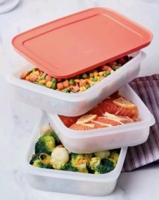 TUPPERWARE Freezer Mate Plus Stackables 3 Sheer Bottom Coral AIR Tight Seal 