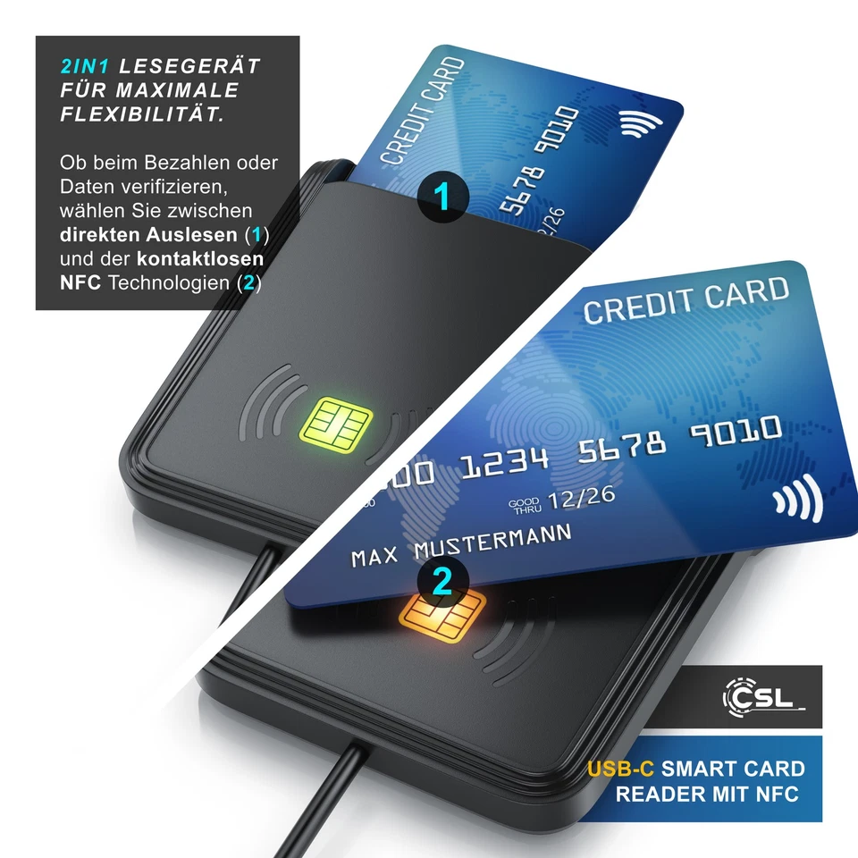 CSL USB 2.0 Dual Chipkartenlesegerät, USB-C, NFC, Smartcard, schwarz, 1,5m Kabel - Bild 3 von 4