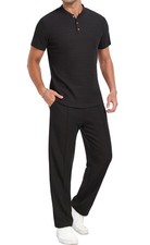 Men's Short Sleeve Outfits Waffle Knit Henley Shirt and Pants Set Casual 2 Pi...
