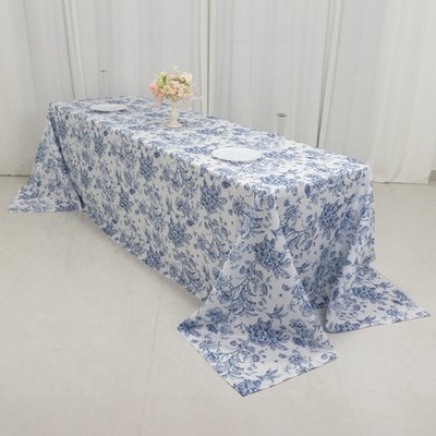 90'' x 156'' Blue French Toile Pattern Polyester Rectangular Tablecloth