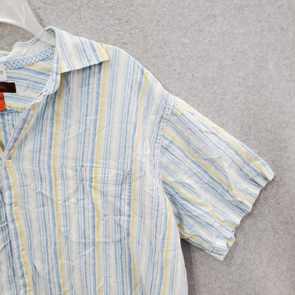 Camisa con botones Nyne para hombre XL grande azul a rayas mezcla de lino manga corta Foto 3 de 4