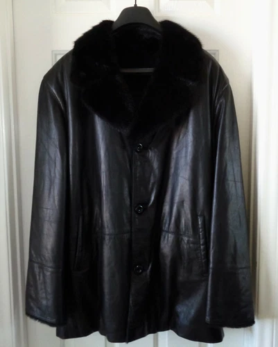 NEW MENS WINTER LEATHER COAT JACKET REAL FUR SHEARLING BLACK SIZE 58 XL RIVO - product listing photo