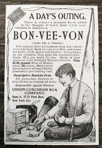 Union Luncheon Box Co. 1903 Bon-vee-Von anuncio impreso de colección ~ almuerzo de picnic de pescador con mosca - Imagen 1 de 2