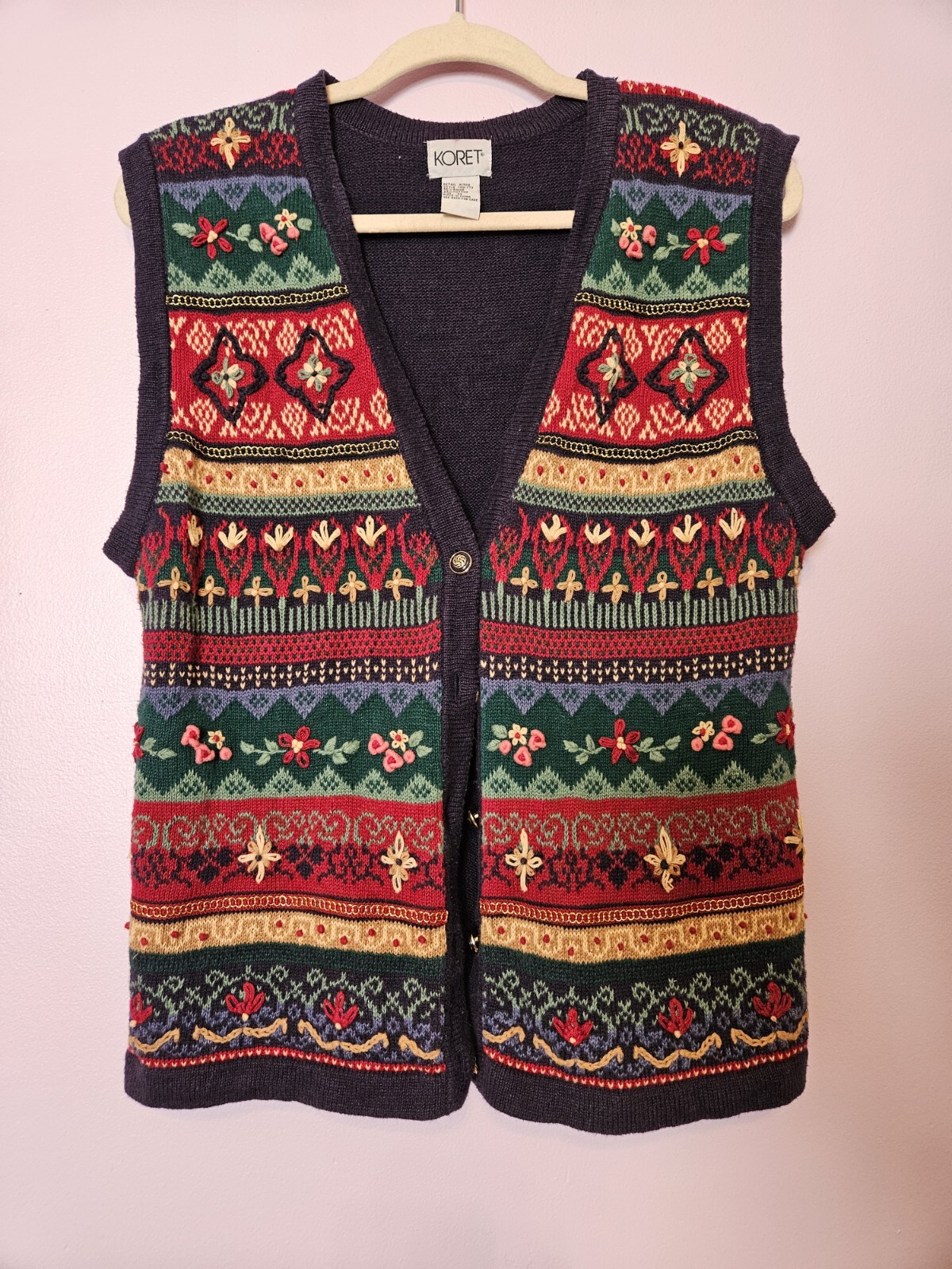 Vintage Koret Womens Colorful Embroidered Floral Striped Sweater Vest Medium