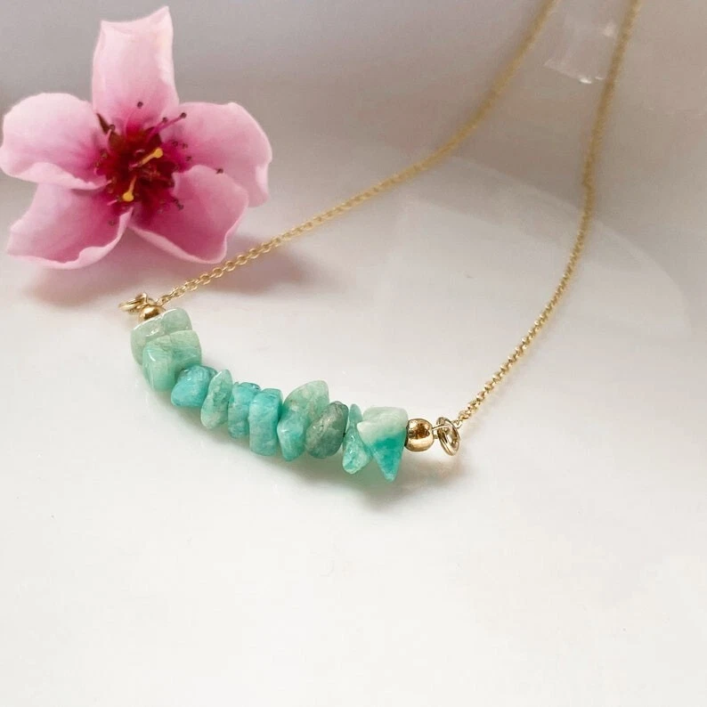 Collares de mujer de 18"" con barra de cadena dorada cuentas de piedras preciosas de astillas lisas sin cortar de amazonita Foto 4 de 4