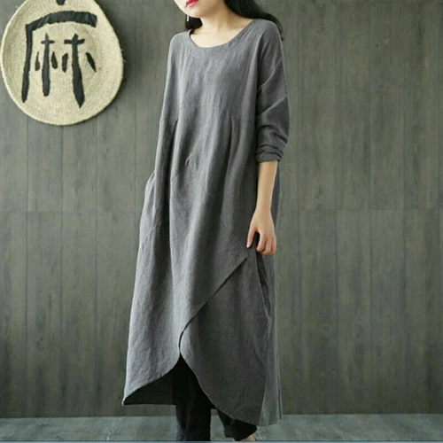 Women Linen Cotton Midi Dress Loose Baggy Long Sleeve Plain Vintage Casual M-5XL - Picture 11 of 14