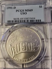 1991-D $1 USO--SEE STORE WW1-WW2 MEDALS -GRADED CURRENCY- HIGH GRADE PCGS COINS