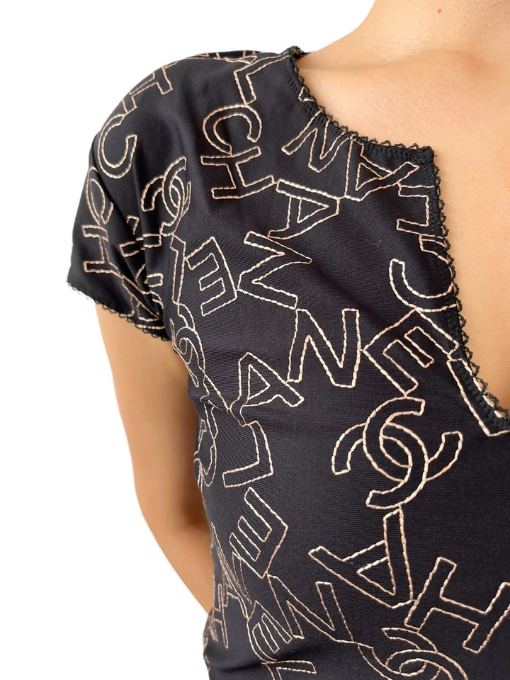 CHANEL Vintage 05A CC Logo Short Sleeve Top #40 V-neck Black Stitch Polyamide - Image 2 of 4