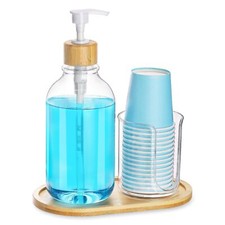 17oz Mouthwash Dispenser Pump Bottle and Cup Holder Set with Tray for Bathroom
