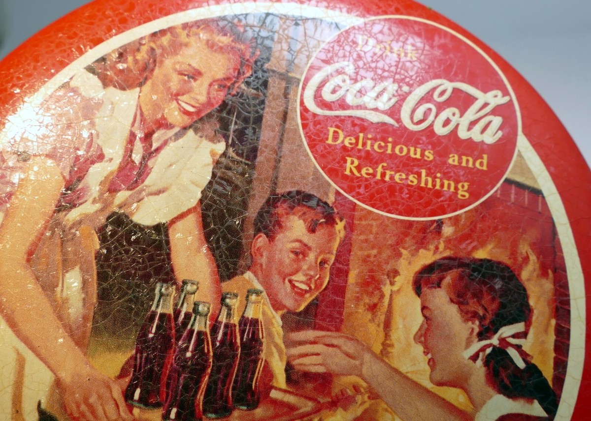 アンティーク雑貨 Vtg '50s Delicious Refreshing Coca Cola Coca-Cola Tin Can Red & Gold 