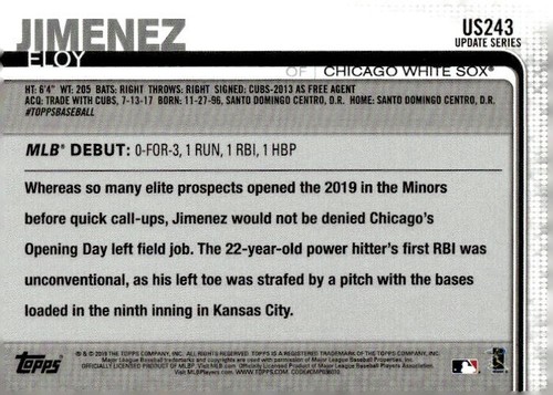 2019 Topps Update #US243 Eloy Jimenez RC RD Chicago White Sox - Picture 2 of 2