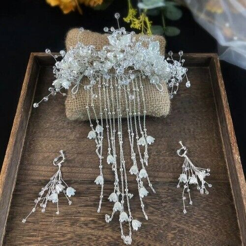  Bridal Korea Small Porcelain Flower Hair Clip Earrings Women Wedding Bridal - Picture 1 of 9