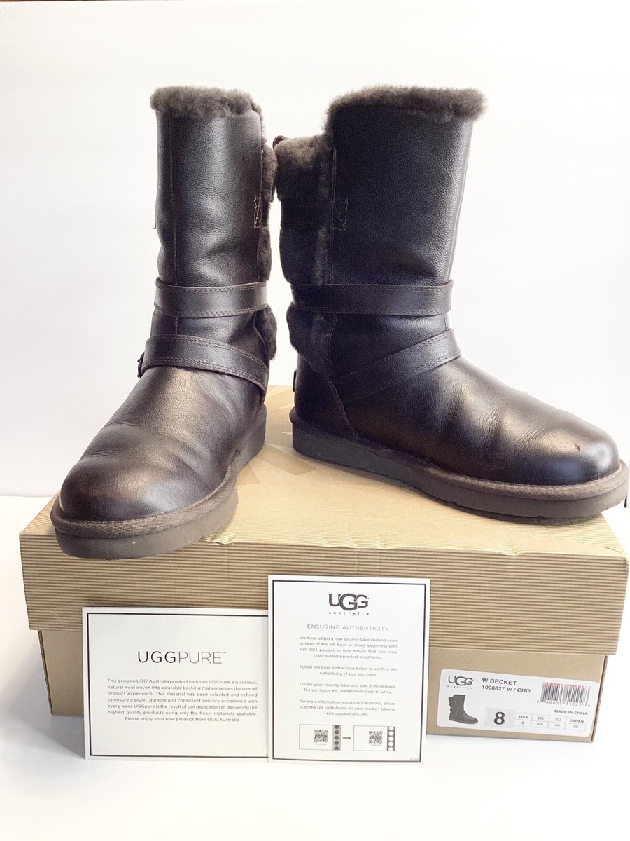 UGG BECKET CHOCOLATE LEATHER/ SHEEPSKIN WINTER BUCKLE BOOTS, US