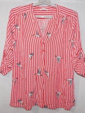 Mandee Womens 2X Red White Striped Heron Bird Print 3/4 Sleeve V neck Blouse