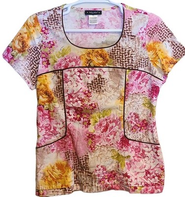 Baby Phat Women's Pink/Multicolor Floral Scoop Neck Nurse's Scrub Top