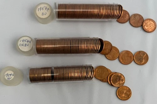 1954 Lincoln Wheat Cents Three Roll Lot 1954 PDS Uncirculated Red 1c 150 Coins