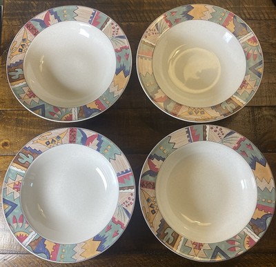 SET OF 4 STUDIO NOVA DEER RUN RIMMED SOUP BOWLS 8 1/4'''' AZTECH SOUTHWESTERN Read