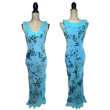 Maxi Vestido Devoré Vintage Monzón Turquesa Terciopelo Volantes Dobladillo