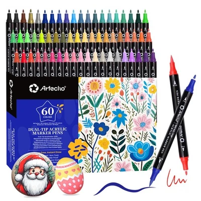 Artecho Acrylic Paint Pens 60 Colors, Dual Tip Acrylic Paint Markers with Brush
