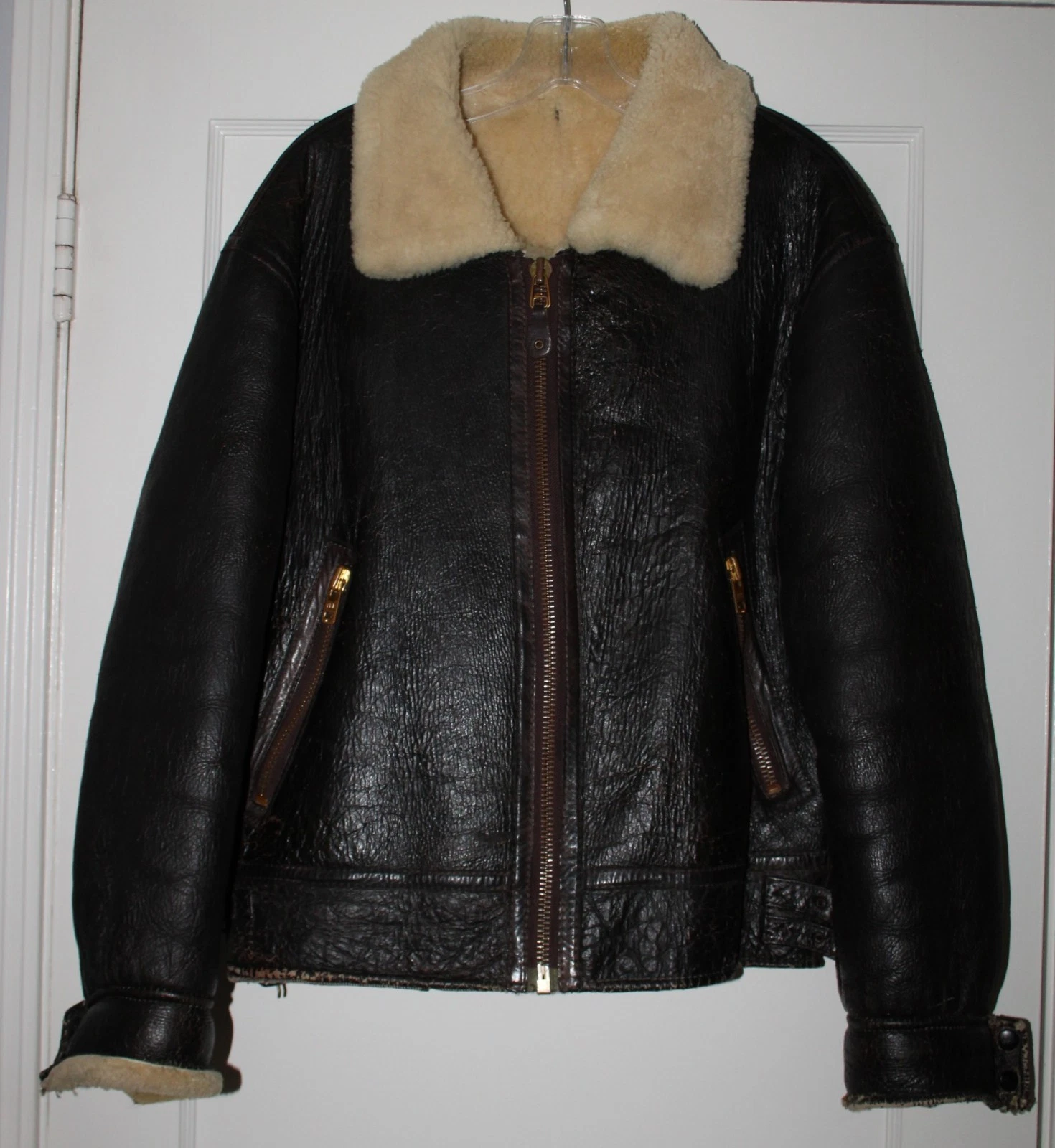 Vintage B3 B-3Aviator bomber Shearling Jacket D Brown Genuine Leather Distress image 2
