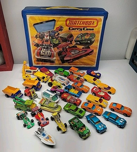 Vintage Lot Of 34  Matchbox Car & Case Race Construction Tractors Boats + More!