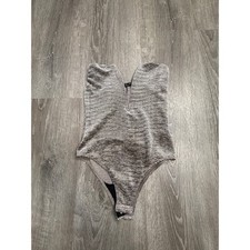 Out From Under Urban Outfitters Bodysuit Silver Plisse Deep V-Neck Small SP
